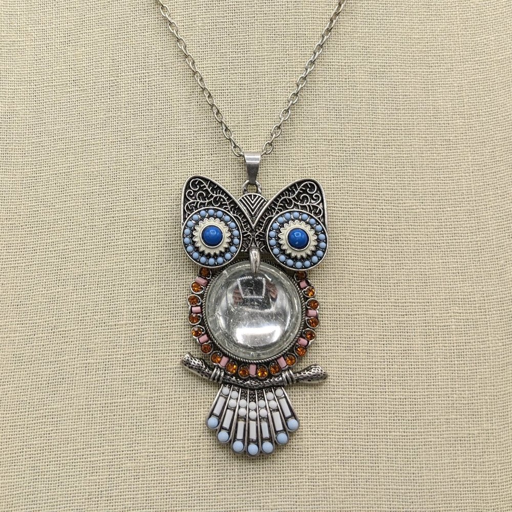 Owl Pendant w/ Large Glass Cabochon & Rhinestones